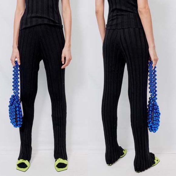 BASERANGE Black Adler Lounge Pants Ribbed Merino Wool Knit High Waisted Rise L - Picture 2 of 15